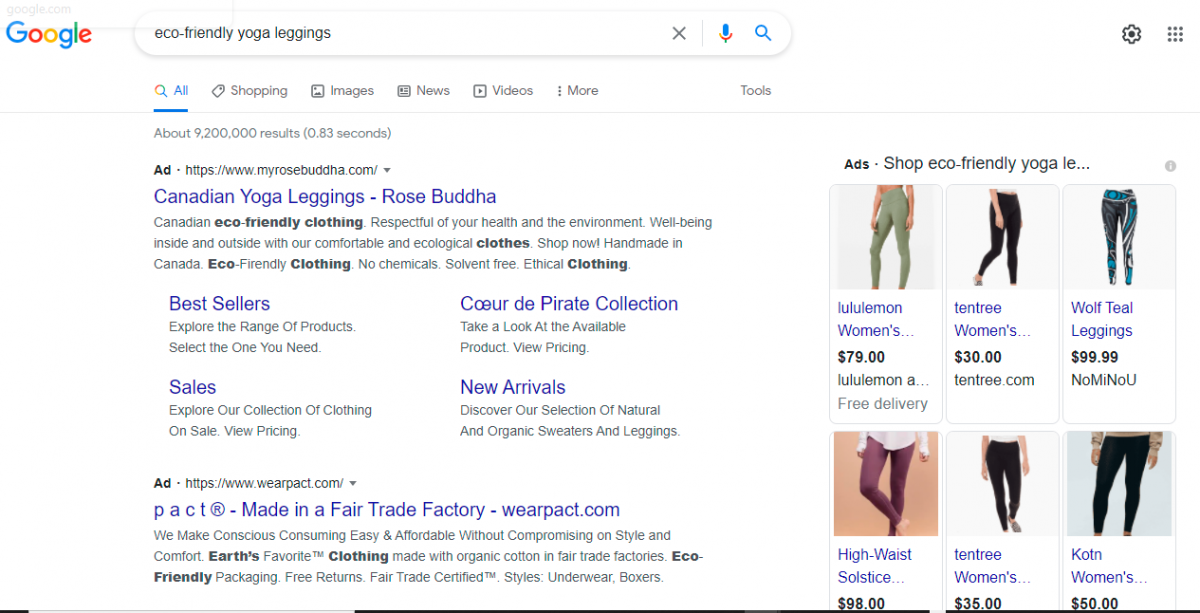 SEO, SEA, search ad, eco-friendly yoga leggings, Rose Buddha